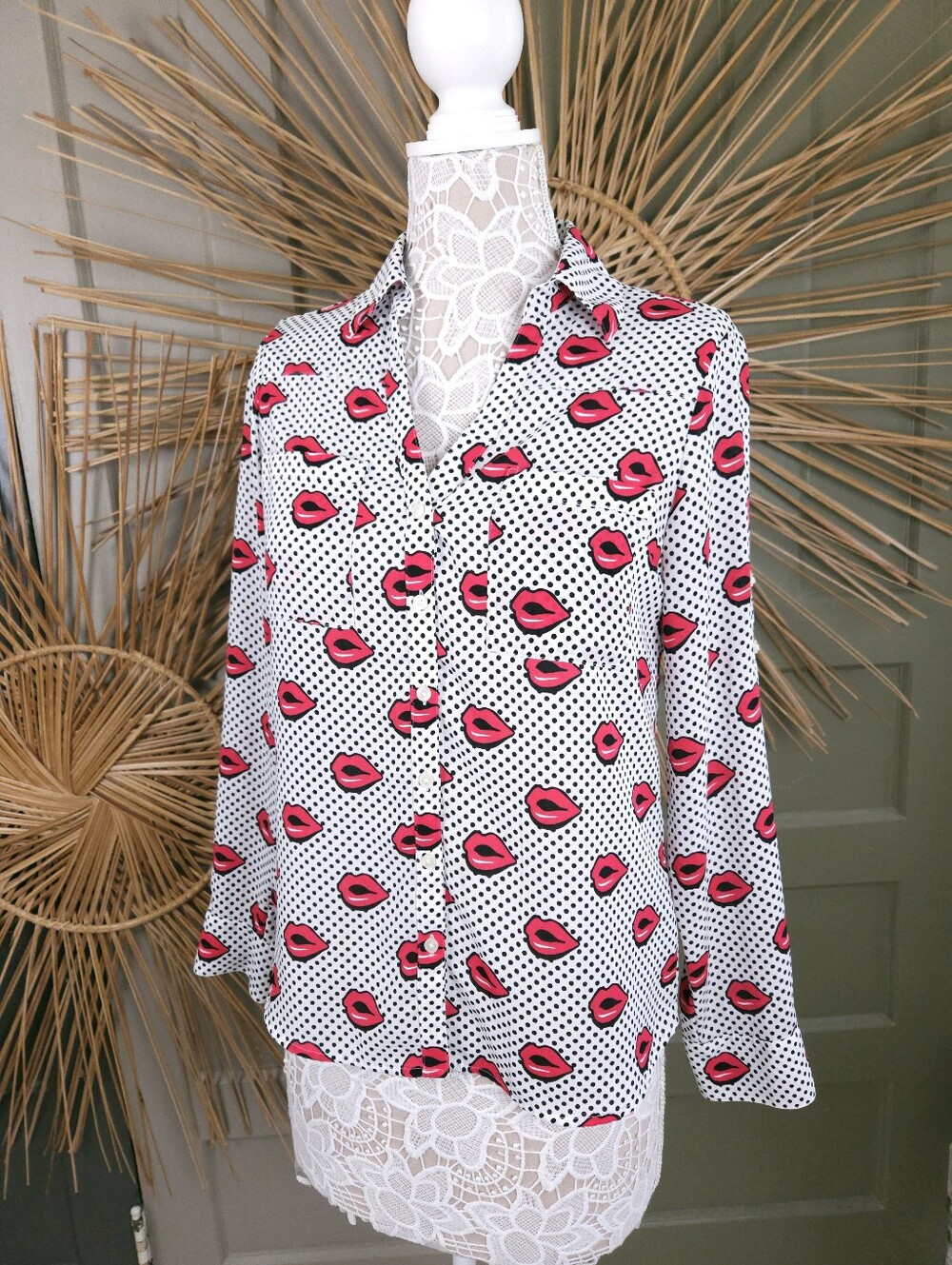 Express White Polka Dot Blouse with Pink Lip Print